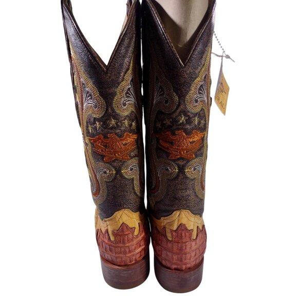 New El General Crocodile Skin Embroidered Red Yellow Brown Cowboy Boots Sz 6.5 - Picture 4 of 9